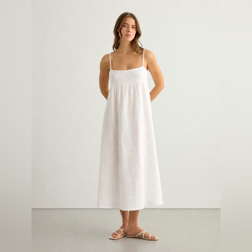 NEW CP Shades 100% Linen White Midi Dress Women’s Small Lagenlook Peasant Boho